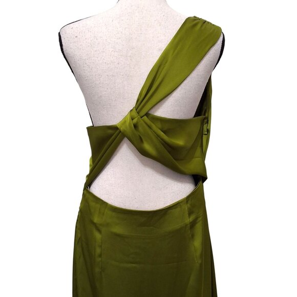 Commense Womens One-Shoulder Twist-Back Olive Green Satin Maxi Dress Sz L Event - Picture 4 of 8